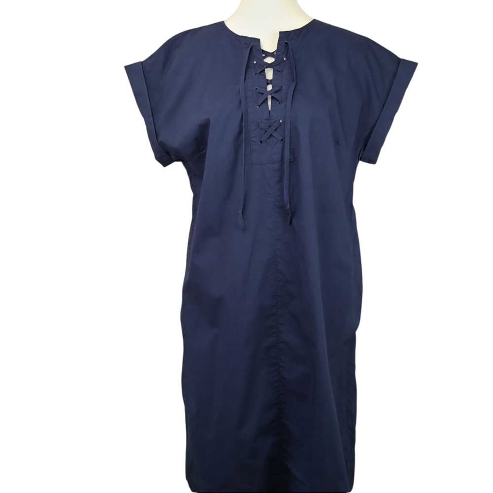 J.Crew Navy Blue Lace-Up Front Midi Dress Short Sleeve Size Tall Medium Casual